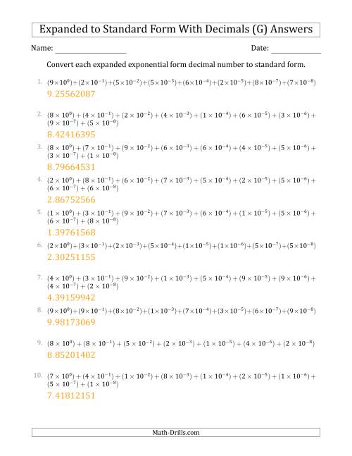 The Converting Expanded Exponential Form Decimals to Standard Form (1-Digit Before the Decimal; 8-Digits After the Decimal) (G) Math Worksheet Page 2
