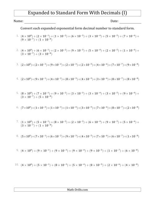 The Converting Expanded Exponential Form Decimals to Standard Form (1-Digit Before the Decimal; 8-Digits After the Decimal) (I) Math Worksheet