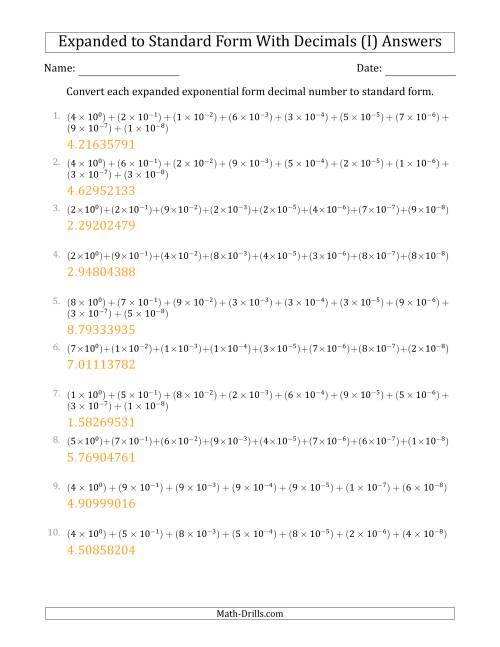 The Converting Expanded Exponential Form Decimals to Standard Form (1-Digit Before the Decimal; 8-Digits After the Decimal) (I) Math Worksheet Page 2