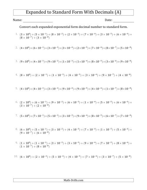 The Converting Expanded Exponential Form Decimals to Standard Form (1-Digit Before the Decimal; 8-Digits After the Decimal) (All) Math Worksheet
