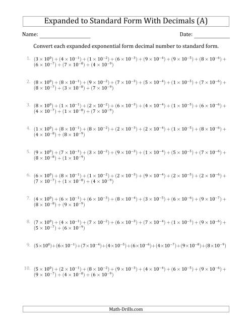The Converting Expanded Exponential Form Decimals to Standard Form (1-Digit Before the Decimal; 9-Digits After the Decimal) (A) Math Worksheet