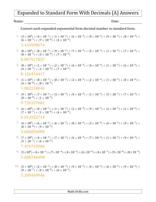 The Converting Expanded Exponential Form Decimals to Standard Form (1-Digit Before the Decimal; 9-Digits After the Decimal) (A) Math Worksheet Page 2