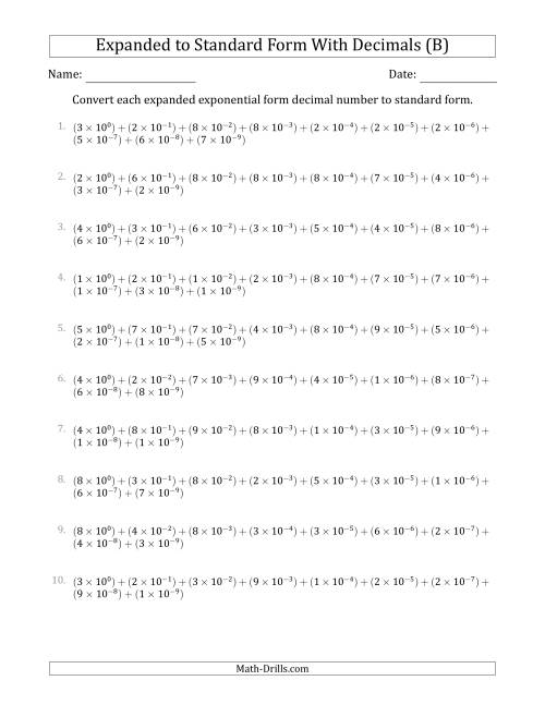 The Converting Expanded Exponential Form Decimals to Standard Form (1-Digit Before the Decimal; 9-Digits After the Decimal) (B) Math Worksheet