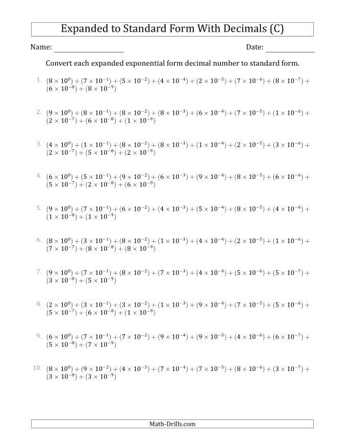 The Converting Expanded Exponential Form Decimals to Standard Form (1-Digit Before the Decimal; 9-Digits After the Decimal) (C) Math Worksheet