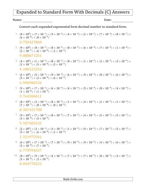 The Converting Expanded Exponential Form Decimals to Standard Form (1-Digit Before the Decimal; 9-Digits After the Decimal) (C) Math Worksheet Page 2