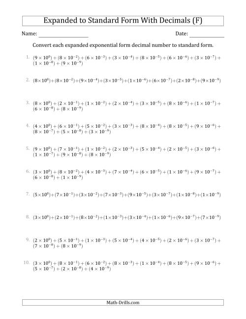 The Converting Expanded Exponential Form Decimals to Standard Form (1-Digit Before the Decimal; 9-Digits After the Decimal) (F) Math Worksheet