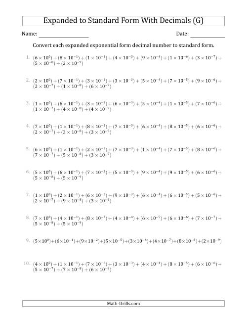The Converting Expanded Exponential Form Decimals to Standard Form (1-Digit Before the Decimal; 9-Digits After the Decimal) (G) Math Worksheet