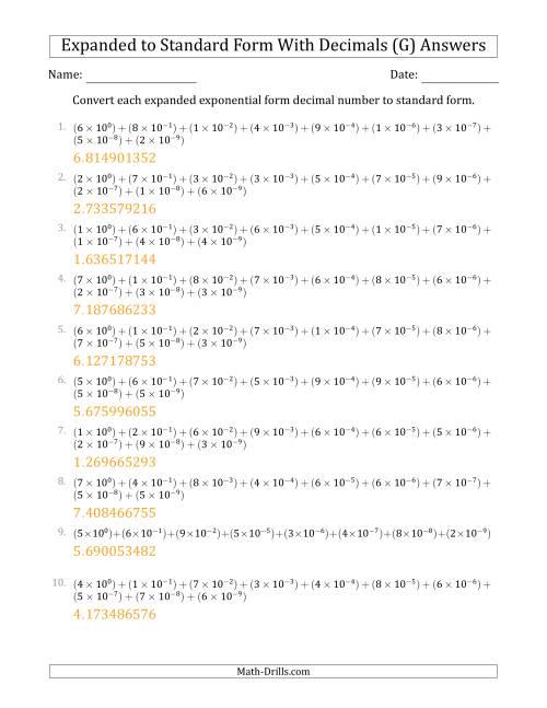 The Converting Expanded Exponential Form Decimals to Standard Form (1-Digit Before the Decimal; 9-Digits After the Decimal) (G) Math Worksheet Page 2