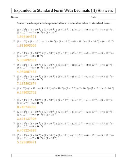 The Converting Expanded Exponential Form Decimals to Standard Form (1-Digit Before the Decimal; 9-Digits After the Decimal) (H) Math Worksheet Page 2