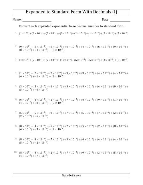 The Converting Expanded Exponential Form Decimals to Standard Form (1-Digit Before the Decimal; 9-Digits After the Decimal) (I) Math Worksheet