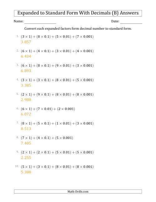 The Converting Expanded Factors Form Decimals Using Decimals to Standard Form (1-Digit Before the Decimal; 3-Digits After the Decimal) (B) Math Worksheet Page 2