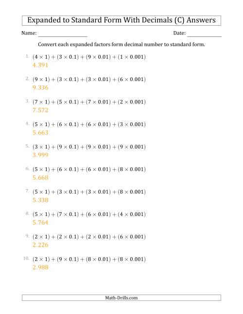 The Converting Expanded Factors Form Decimals Using Decimals to Standard Form (1-Digit Before the Decimal; 3-Digits After the Decimal) (C) Math Worksheet Page 2
