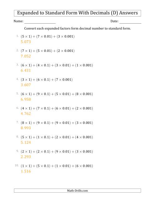The Converting Expanded Factors Form Decimals Using Decimals to Standard Form (1-Digit Before the Decimal; 3-Digits After the Decimal) (D) Math Worksheet Page 2