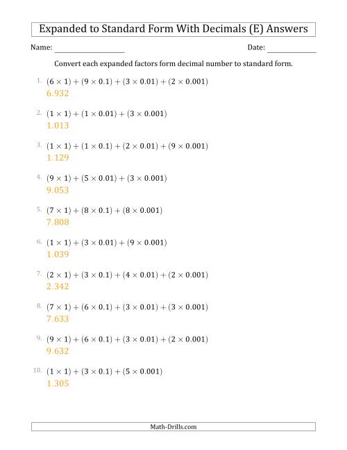 The Converting Expanded Factors Form Decimals Using Decimals to Standard Form (1-Digit Before the Decimal; 3-Digits After the Decimal) (E) Math Worksheet Page 2
