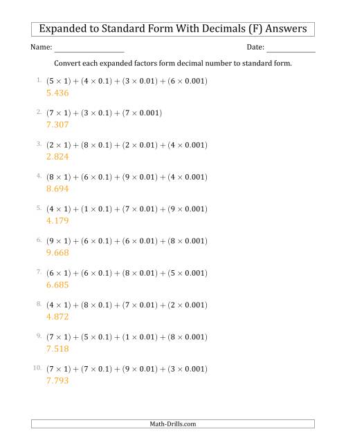 The Converting Expanded Factors Form Decimals Using Decimals to Standard Form (1-Digit Before the Decimal; 3-Digits After the Decimal) (F) Math Worksheet Page 2