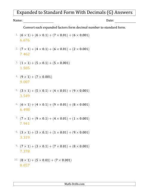 The Converting Expanded Factors Form Decimals Using Decimals to Standard Form (1-Digit Before the Decimal; 3-Digits After the Decimal) (G) Math Worksheet Page 2