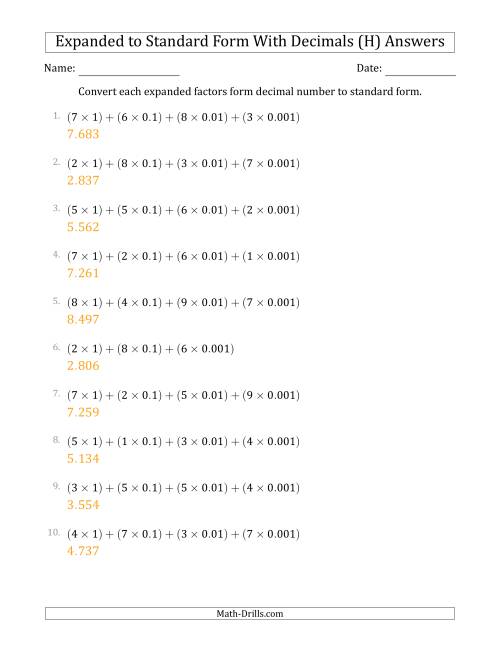 The Converting Expanded Factors Form Decimals Using Decimals to Standard Form (1-Digit Before the Decimal; 3-Digits After the Decimal) (H) Math Worksheet Page 2