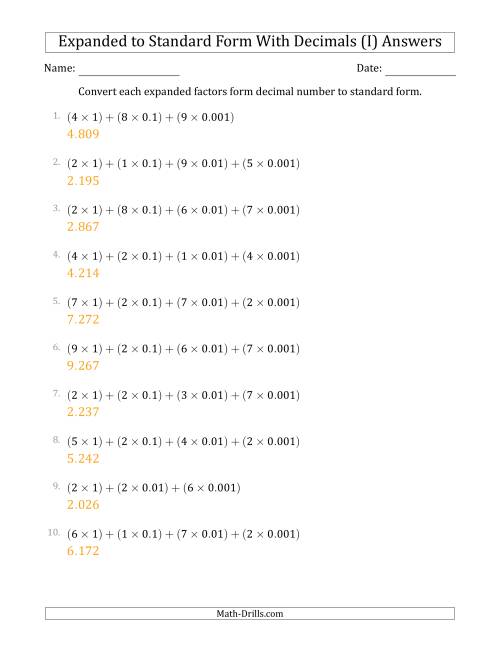 The Converting Expanded Factors Form Decimals Using Decimals to Standard Form (1-Digit Before the Decimal; 3-Digits After the Decimal) (I) Math Worksheet Page 2