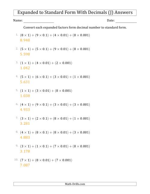 The Converting Expanded Factors Form Decimals Using Decimals to Standard Form (1-Digit Before the Decimal; 3-Digits After the Decimal) (J) Math Worksheet Page 2