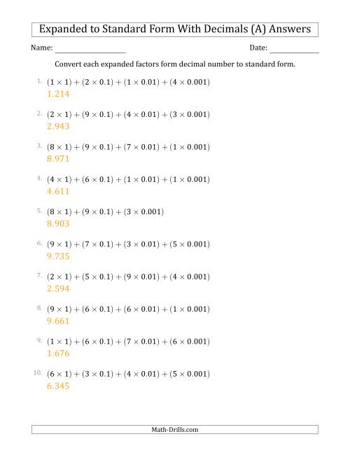 The Converting Expanded Factors Form Decimals Using Decimals to Standard Form (1-Digit Before the Decimal; 3-Digits After the Decimal) (All) Math Worksheet Page 2