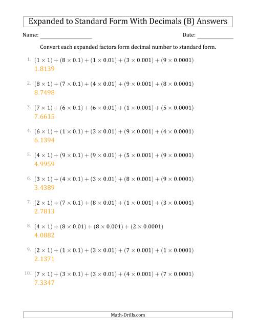 The Converting Expanded Factors Form Decimals Using Decimals to Standard Form (1-Digit Before the Decimal; 4-Digits After the Decimal) (B) Math Worksheet Page 2