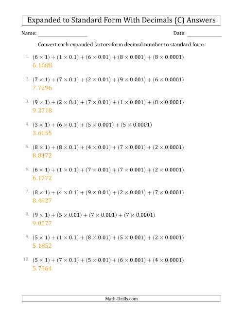 The Converting Expanded Factors Form Decimals Using Decimals to Standard Form (1-Digit Before the Decimal; 4-Digits After the Decimal) (C) Math Worksheet Page 2