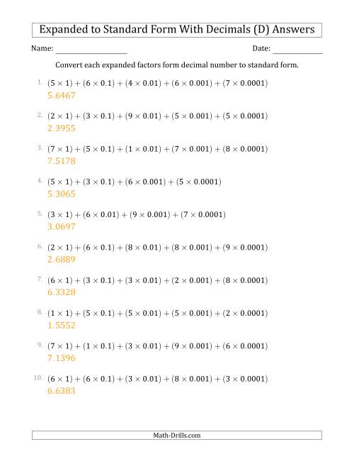 The Converting Expanded Factors Form Decimals Using Decimals to Standard Form (1-Digit Before the Decimal; 4-Digits After the Decimal) (D) Math Worksheet Page 2