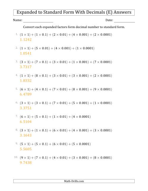 The Converting Expanded Factors Form Decimals Using Decimals to Standard Form (1-Digit Before the Decimal; 4-Digits After the Decimal) (E) Math Worksheet Page 2