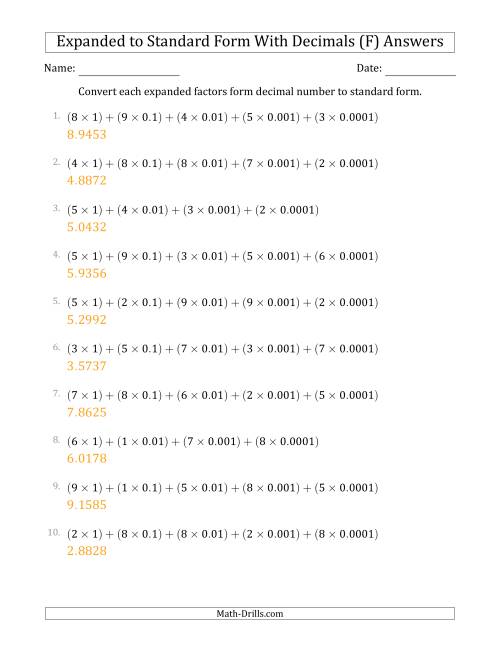 The Converting Expanded Factors Form Decimals Using Decimals to Standard Form (1-Digit Before the Decimal; 4-Digits After the Decimal) (F) Math Worksheet Page 2