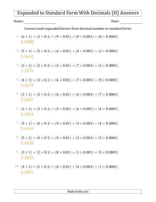 The Converting Expanded Factors Form Decimals Using Decimals to Standard Form (1-Digit Before the Decimal; 4-Digits After the Decimal) (H) Math Worksheet Page 2
