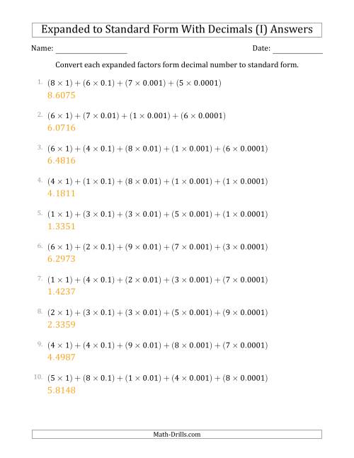 The Converting Expanded Factors Form Decimals Using Decimals to Standard Form (1-Digit Before the Decimal; 4-Digits After the Decimal) (I) Math Worksheet Page 2
