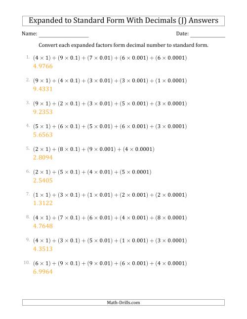 The Converting Expanded Factors Form Decimals Using Decimals to Standard Form (1-Digit Before the Decimal; 4-Digits After the Decimal) (J) Math Worksheet Page 2