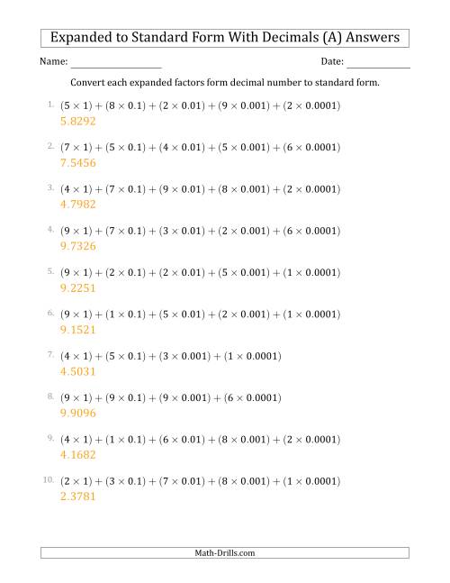 The Converting Expanded Factors Form Decimals Using Decimals to Standard Form (1-Digit Before the Decimal; 4-Digits After the Decimal) (All) Math Worksheet Page 2