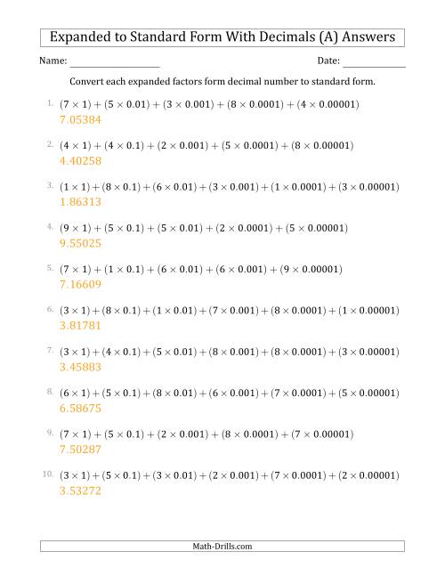 The Converting Expanded Factors Form Decimals Using Decimals to Standard Form (1-Digit Before the Decimal; 5-Digits After the Decimal) (A) Math Worksheet Page 2