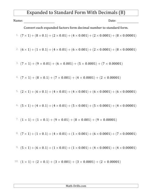 The Converting Expanded Factors Form Decimals Using Decimals to Standard Form (1-Digit Before the Decimal; 5-Digits After the Decimal) (B) Math Worksheet