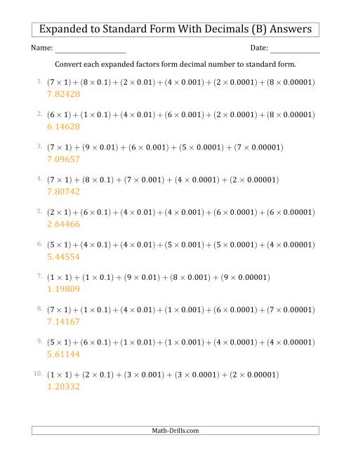 The Converting Expanded Factors Form Decimals Using Decimals to Standard Form (1-Digit Before the Decimal; 5-Digits After the Decimal) (B) Math Worksheet Page 2