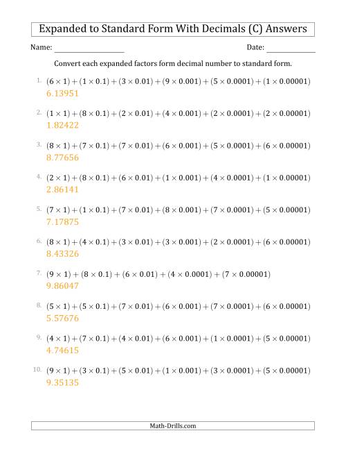 The Converting Expanded Factors Form Decimals Using Decimals to Standard Form (1-Digit Before the Decimal; 5-Digits After the Decimal) (C) Math Worksheet Page 2