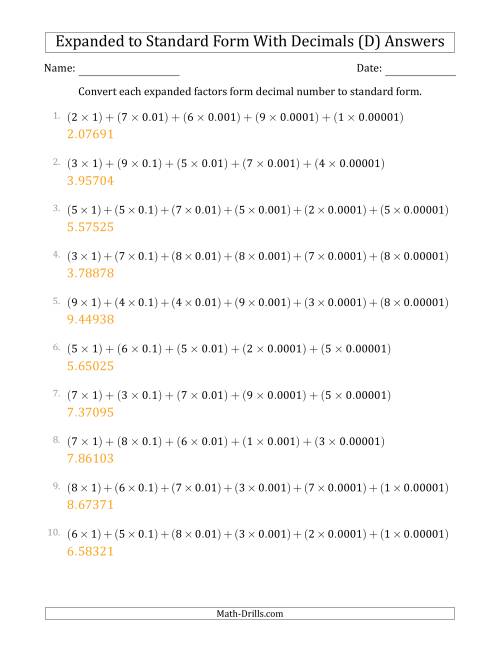 The Converting Expanded Factors Form Decimals Using Decimals to Standard Form (1-Digit Before the Decimal; 5-Digits After the Decimal) (D) Math Worksheet Page 2