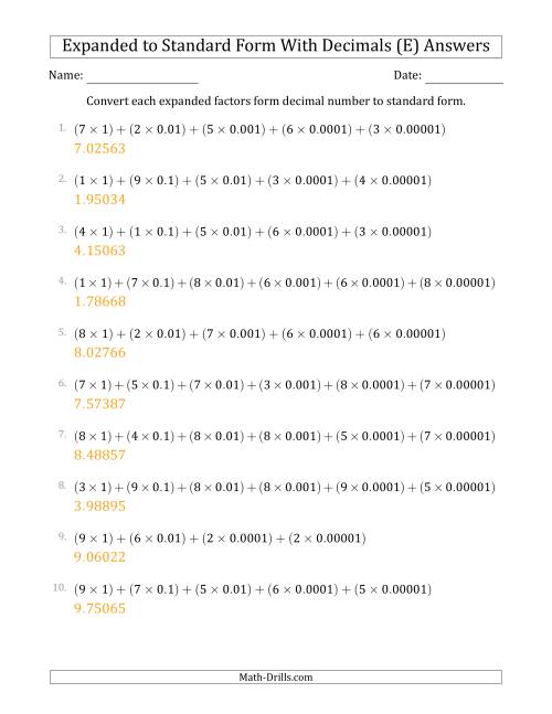 The Converting Expanded Factors Form Decimals Using Decimals to Standard Form (1-Digit Before the Decimal; 5-Digits After the Decimal) (E) Math Worksheet Page 2