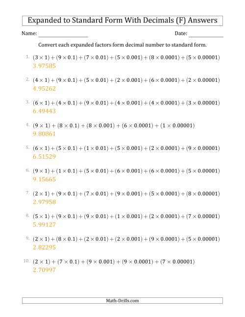 The Converting Expanded Factors Form Decimals Using Decimals to Standard Form (1-Digit Before the Decimal; 5-Digits After the Decimal) (F) Math Worksheet Page 2