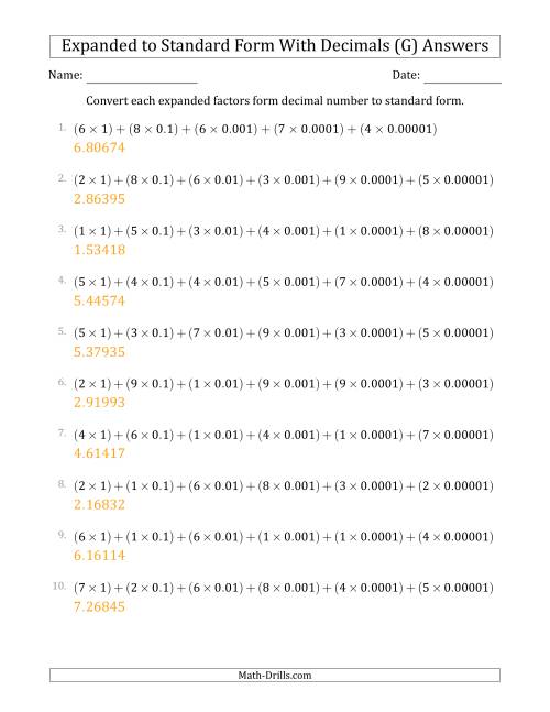 The Converting Expanded Factors Form Decimals Using Decimals to Standard Form (1-Digit Before the Decimal; 5-Digits After the Decimal) (G) Math Worksheet Page 2