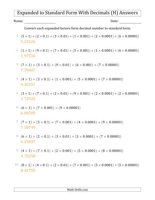 The Converting Expanded Factors Form Decimals Using Decimals to Standard Form (1-Digit Before the Decimal; 5-Digits After the Decimal) (H) Math Worksheet Page 2