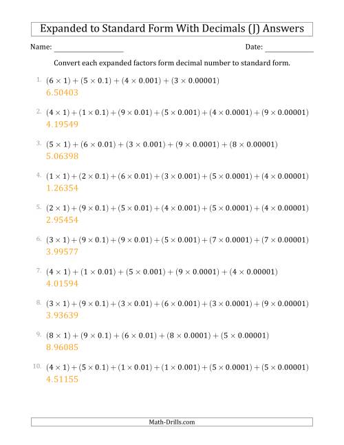The Converting Expanded Factors Form Decimals Using Decimals to Standard Form (1-Digit Before the Decimal; 5-Digits After the Decimal) (J) Math Worksheet Page 2