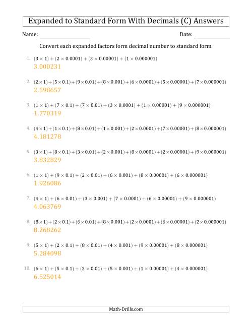 The Converting Expanded Factors Form Decimals Using Decimals to Standard Form (1-Digit Before the Decimal; 6-Digits After the Decimal) (C) Math Worksheet Page 2