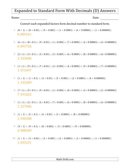 The Converting Expanded Factors Form Decimals Using Decimals to Standard Form (1-Digit Before the Decimal; 6-Digits After the Decimal) (D) Math Worksheet Page 2