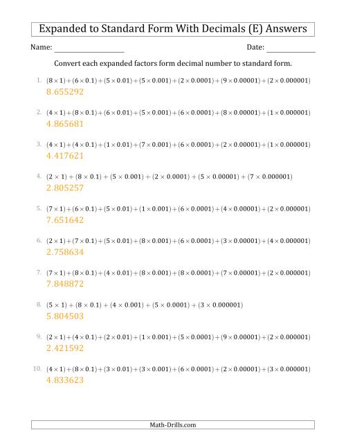 The Converting Expanded Factors Form Decimals Using Decimals to Standard Form (1-Digit Before the Decimal; 6-Digits After the Decimal) (E) Math Worksheet Page 2