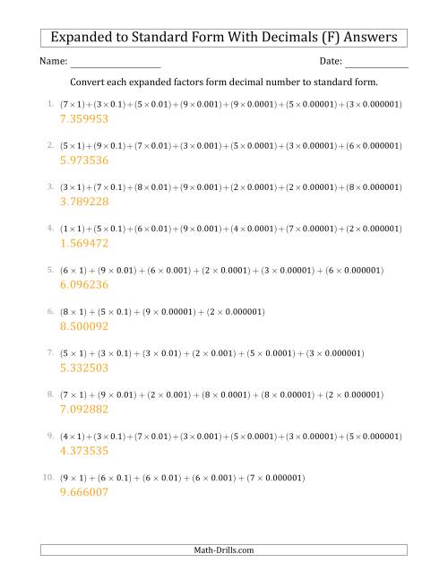 The Converting Expanded Factors Form Decimals Using Decimals to Standard Form (1-Digit Before the Decimal; 6-Digits After the Decimal) (F) Math Worksheet Page 2
