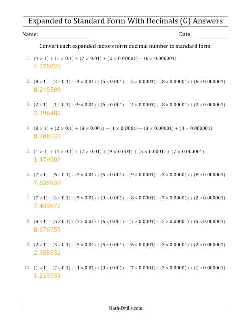 The Converting Expanded Factors Form Decimals Using Decimals to Standard Form (1-Digit Before the Decimal; 6-Digits After the Decimal) (G) Math Worksheet Page 2