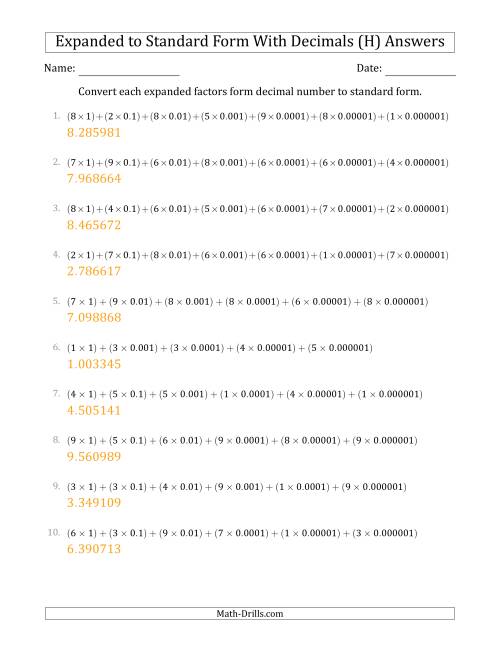 The Converting Expanded Factors Form Decimals Using Decimals to Standard Form (1-Digit Before the Decimal; 6-Digits After the Decimal) (H) Math Worksheet Page 2