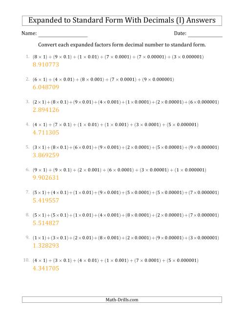 The Converting Expanded Factors Form Decimals Using Decimals to Standard Form (1-Digit Before the Decimal; 6-Digits After the Decimal) (I) Math Worksheet Page 2